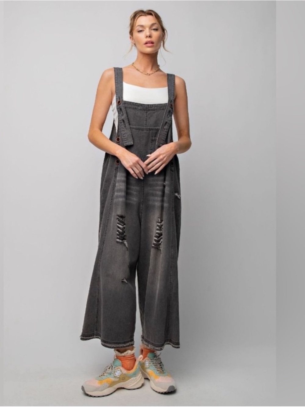 NWT: Distressed Black Vintage Wash Oversized Drop Waist Denim Jumper Overalls•S
